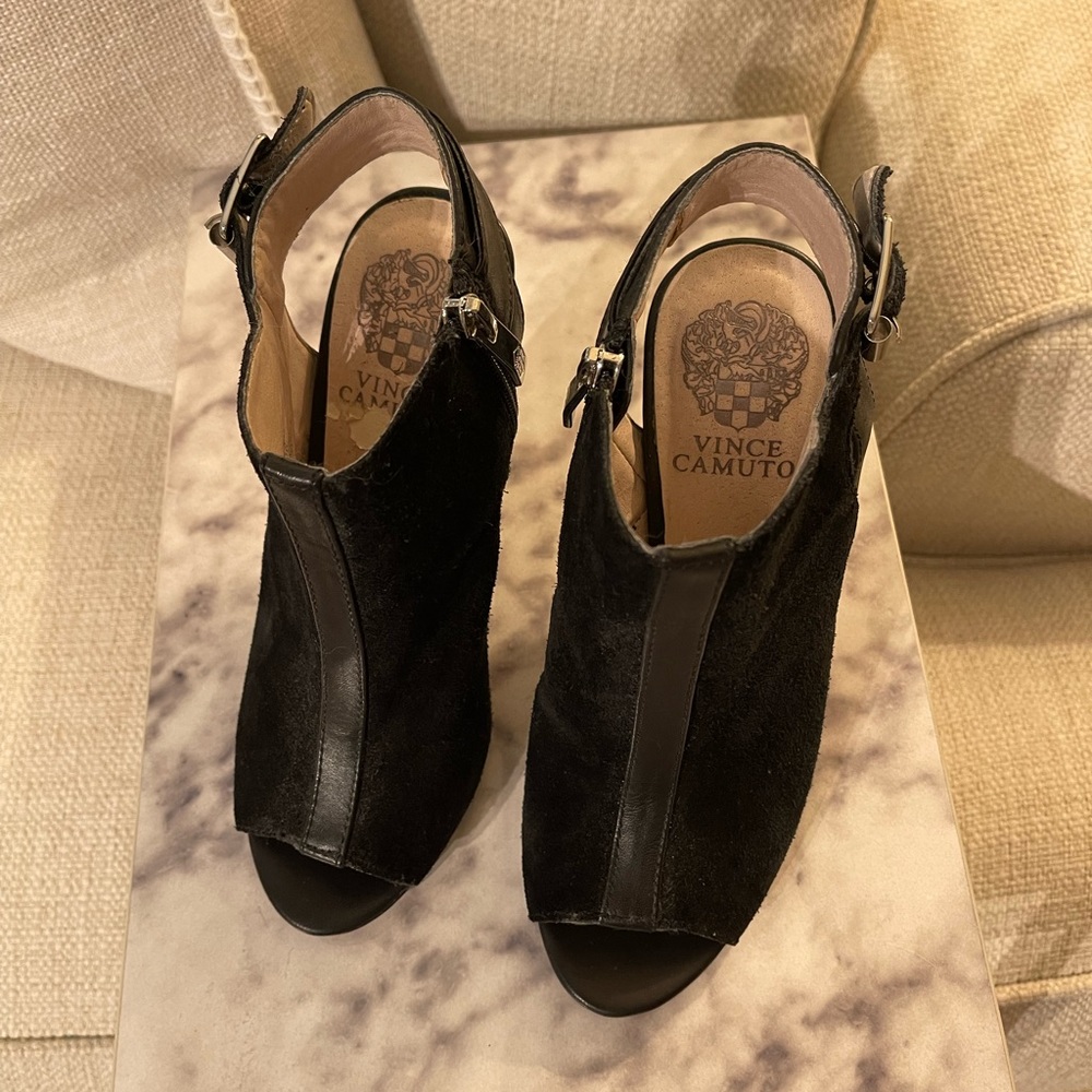 Vince Camuto - Black, Suede and Leather, Open Toe/Heel Booties.